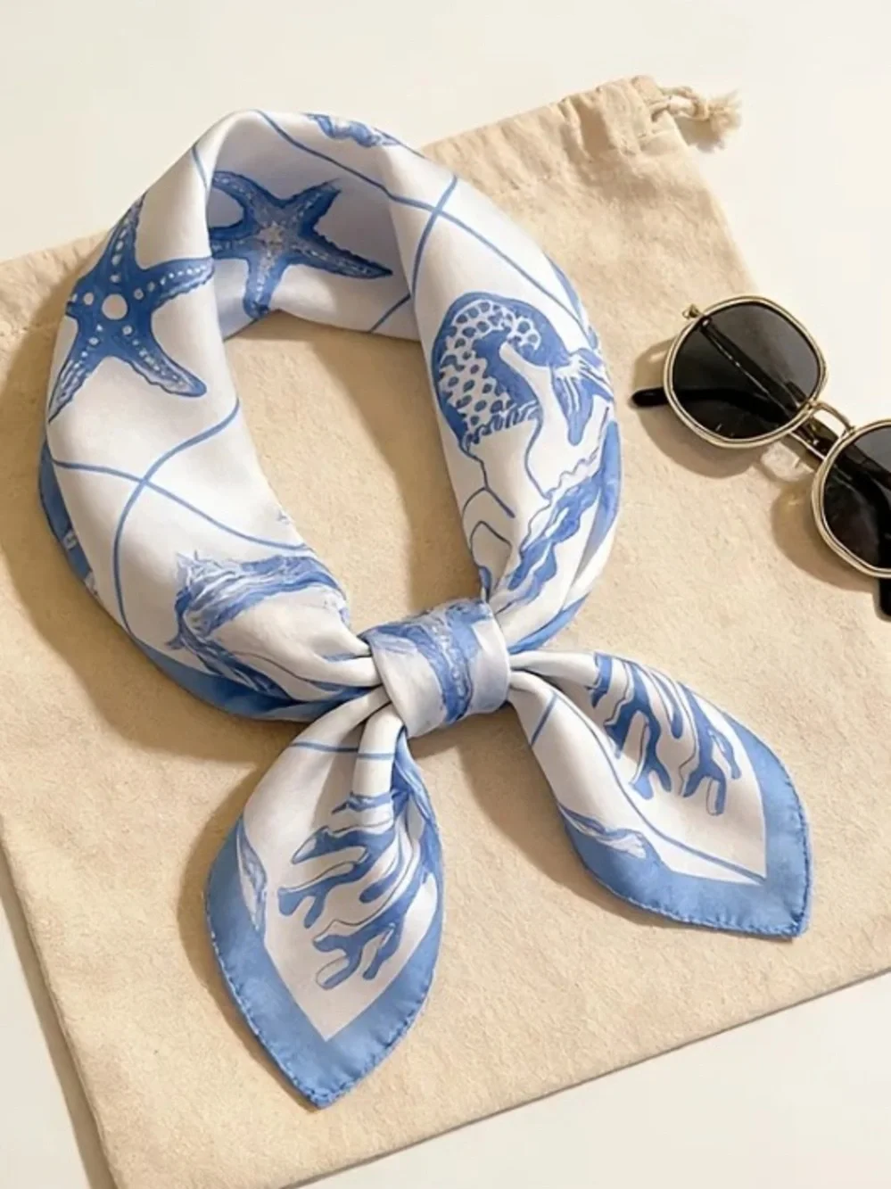 Blue & White Seashell Silk Scarf